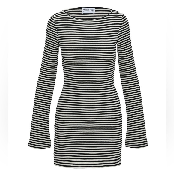 Princess Polly Bryanna Stripe Black White Bell Flare Sleeve Ribbed Mini Dress - Picture 3 of 12